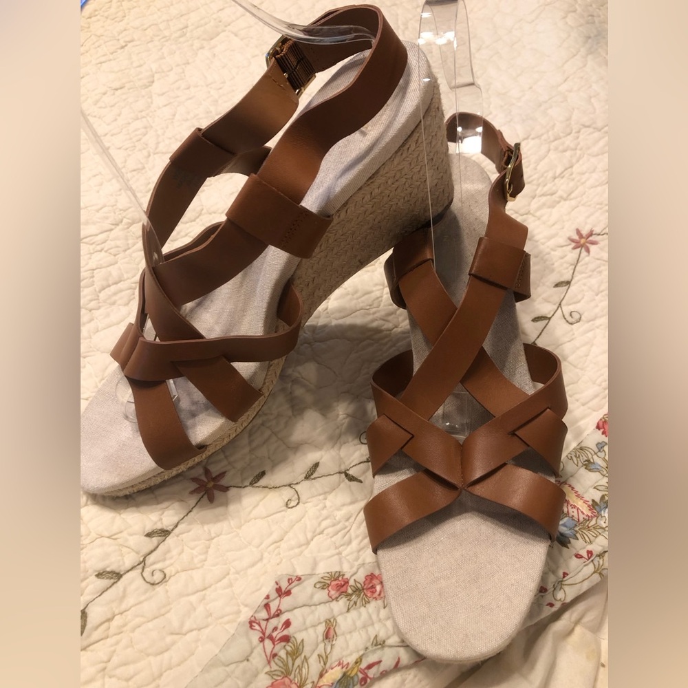 Cole Haan Brown Leather Wedge Espadrille Sandals